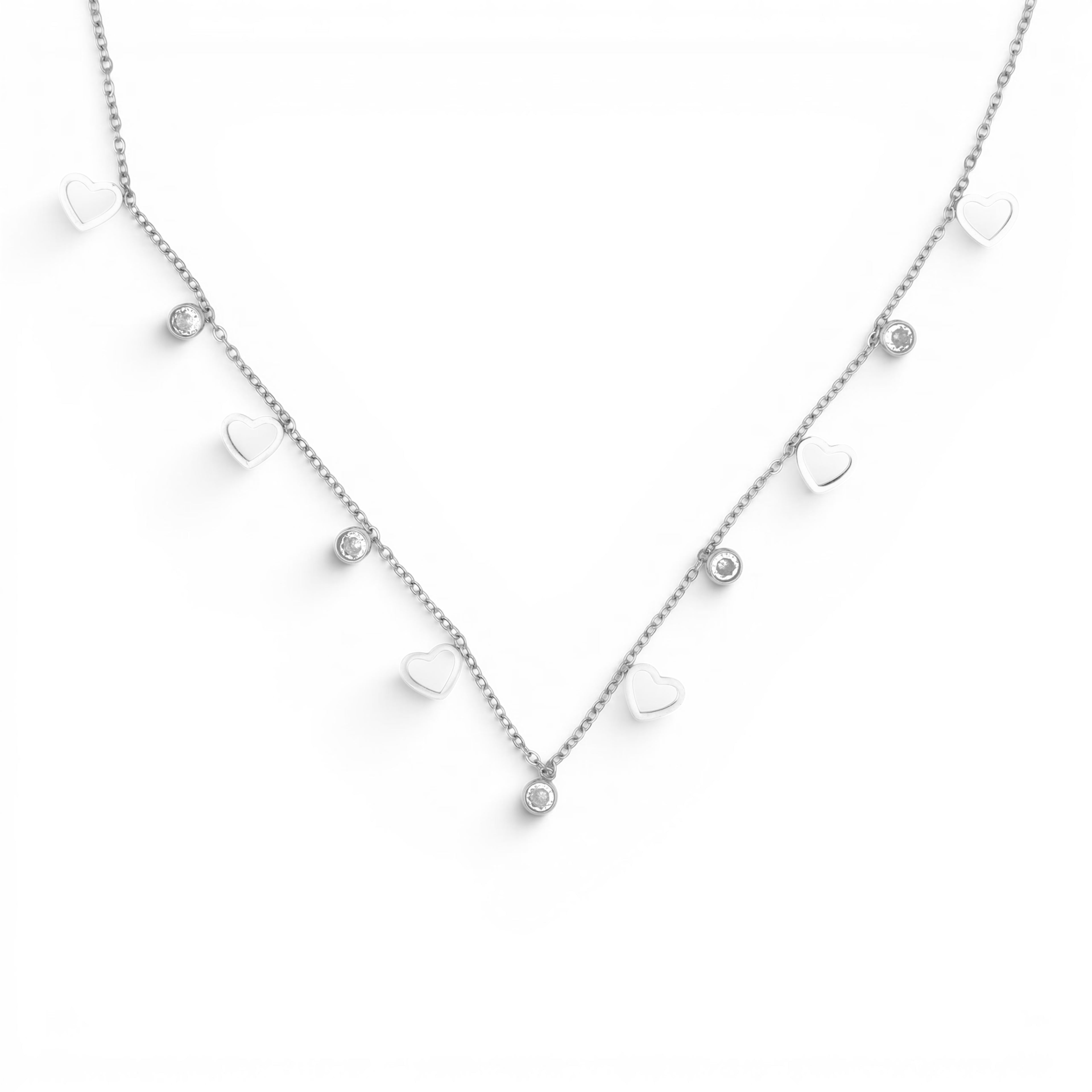 Collana Multi-Charm con Cuori Traforati e Zirconi In Acciaio Inossidabile