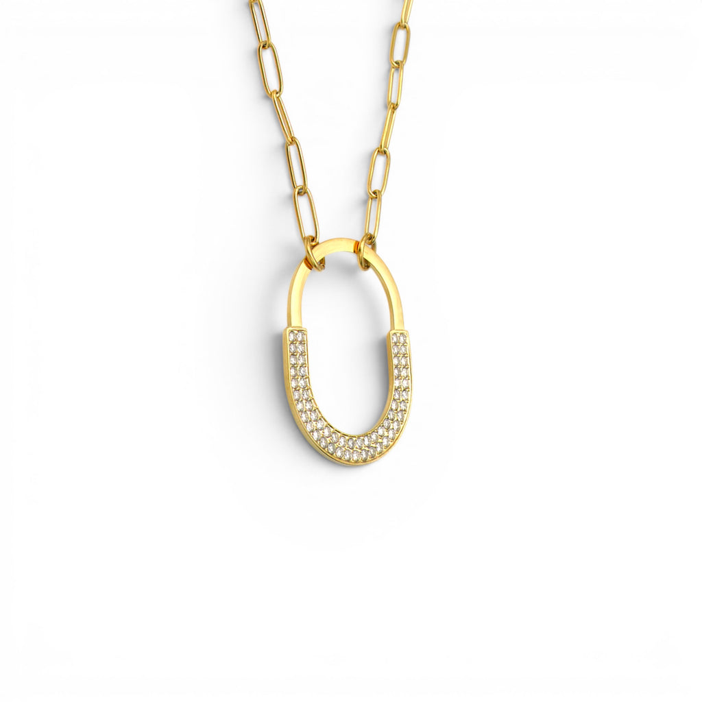 Collana con Pendente Ovale Geometrico e Zirconi In Acciaio Inossidabile
