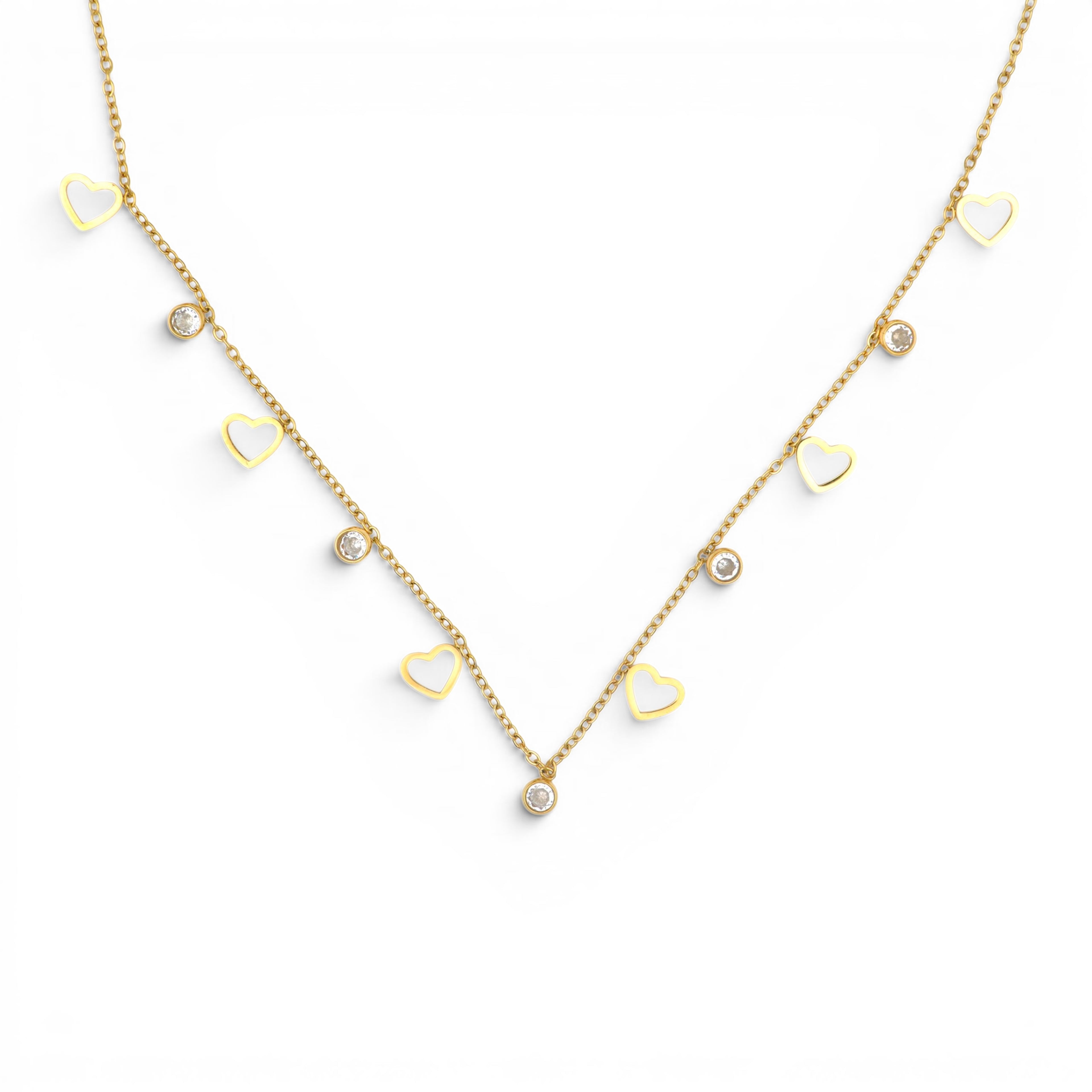 Collana Multi-Charm con Cuori Traforati e Zirconi In Acciaio Inossidabile