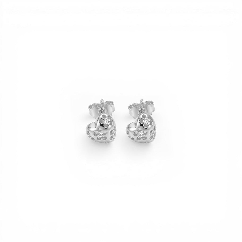 Orecchini Cuore Bombato con Fiori Zirconati In Argento 925