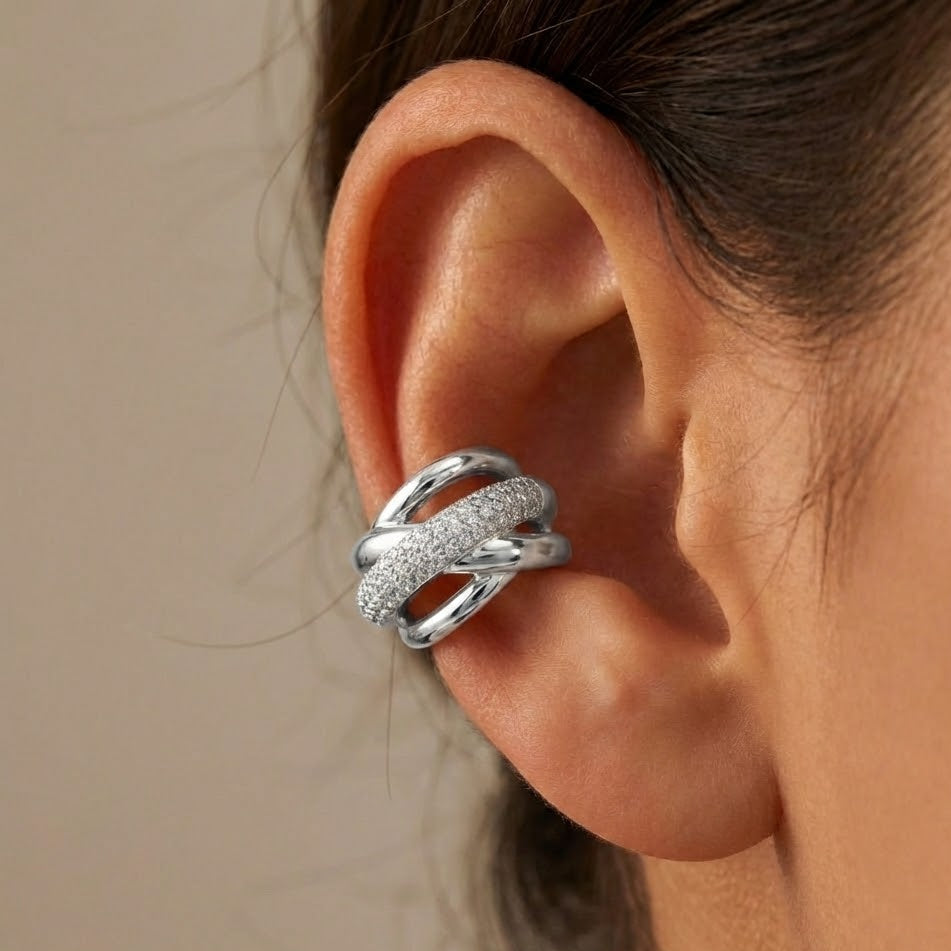 Ear Cuff Multilinea con Pavé In Acciaio Inossidabile