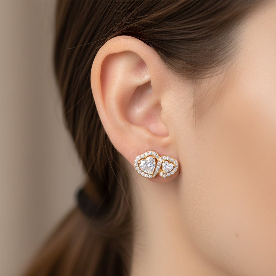 Orecchini a Lobo Doppio Cuore con Zirconi In Acciaio Inossidabile