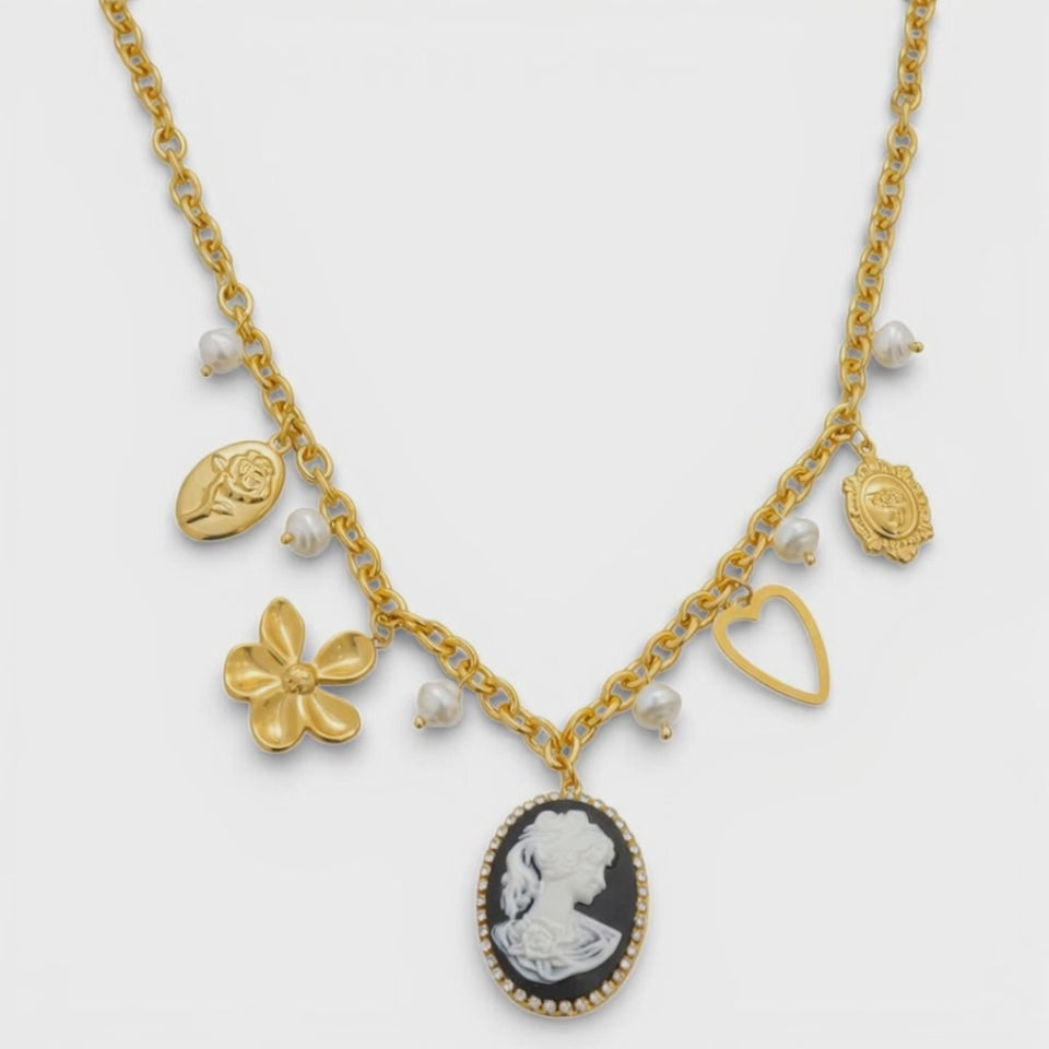 Collana con Cameo e Charms Multisimbolici In Acciaio Inossidabile