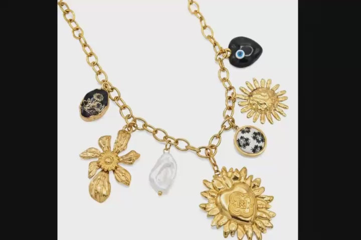 Collana Portafortuna Glam con Charms e Perla Barocca In Acciaio Inossidabile