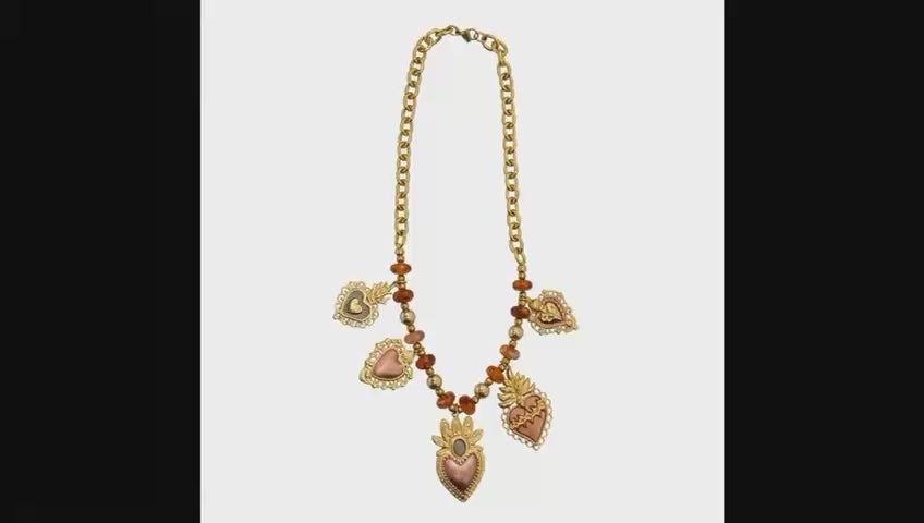 Collana Catena con Charms Sacro Cuore e Perline Color Ambra In Acciaio Inossidabile