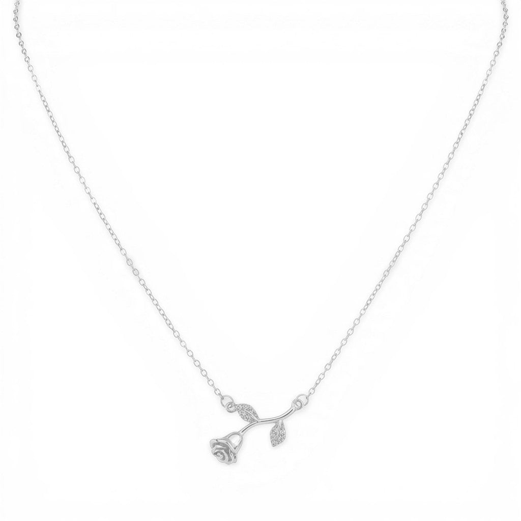Collana con Rosa Pendente e Foglie Zirconate In Argento 925