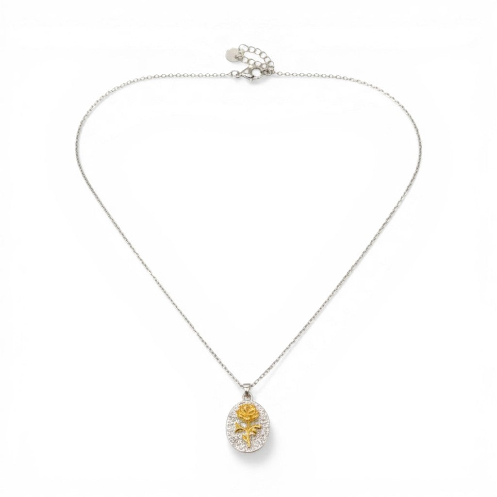 Collana Medaglione Ovale con Rosa a Rilievo In Acciaio Inossidabile