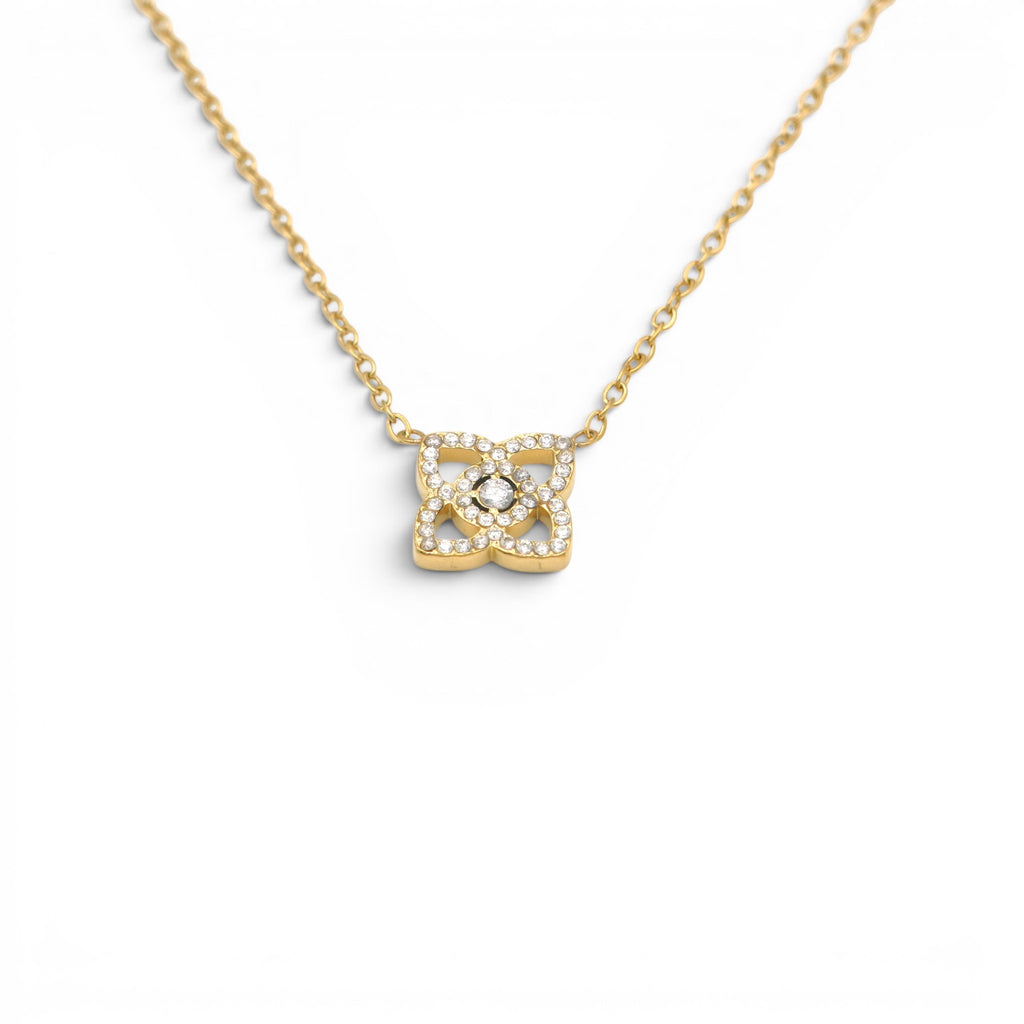 Collana con Quadrifoglio Stilizzato e Zirconi In Acciaio Inossidabile