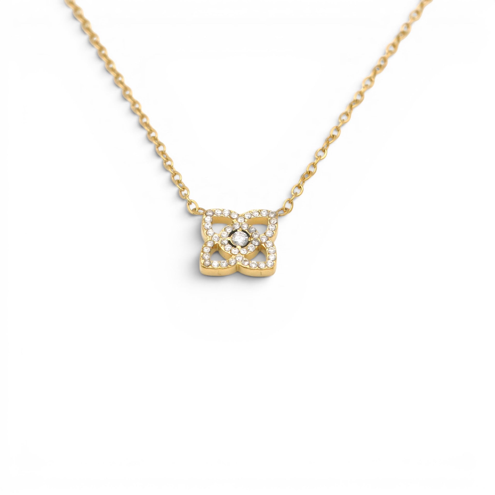 Collana con Quadrifoglio Stilizzato e Zirconi In Acciaio Inossidabile