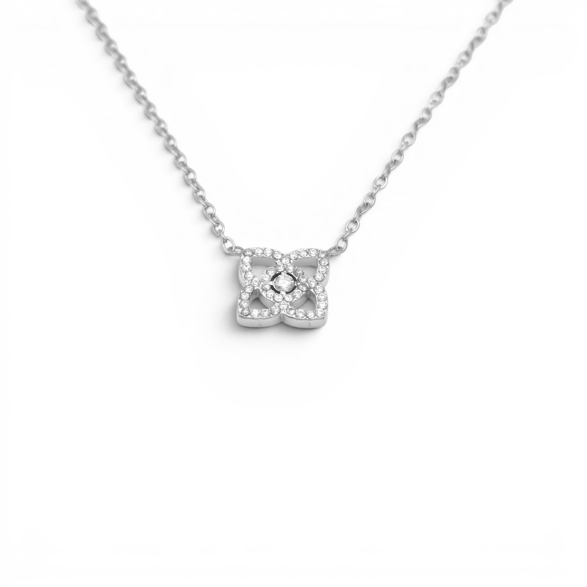 Collana con Quadrifoglio Stilizzato e Zirconi In Acciaio Inossidabile