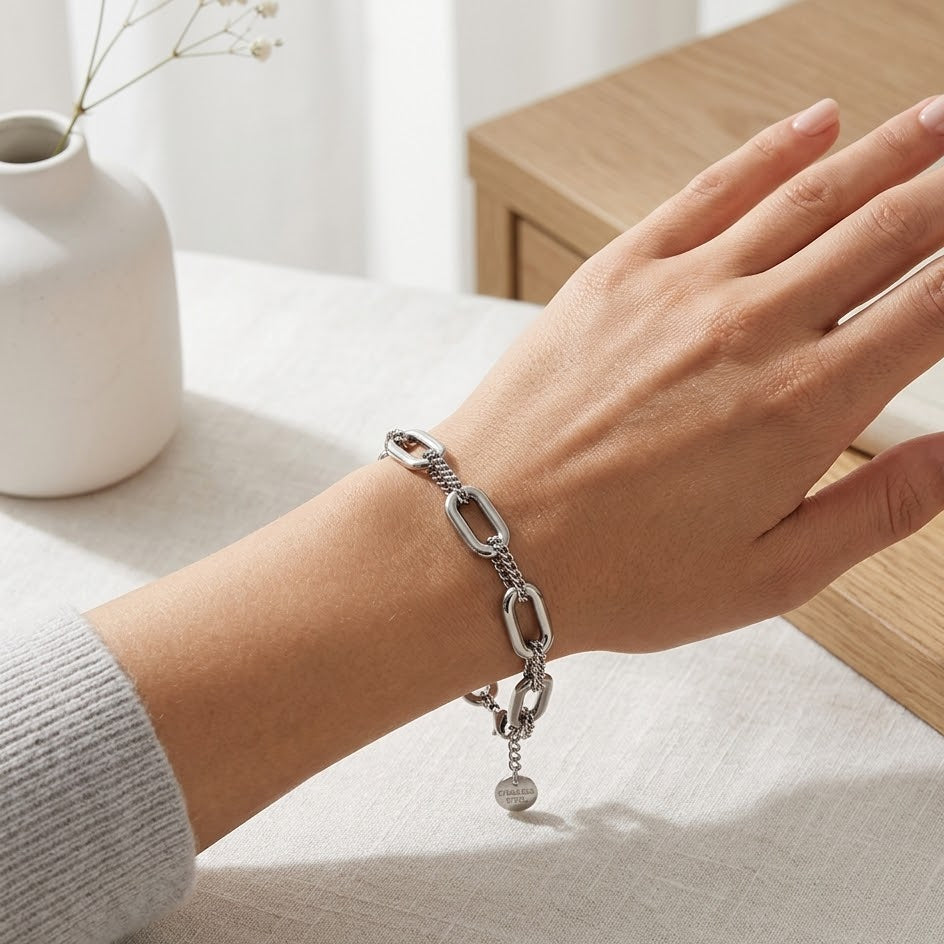 Bracciale con Link Ovali e Doppia Catena In Acciaio Inossidabile