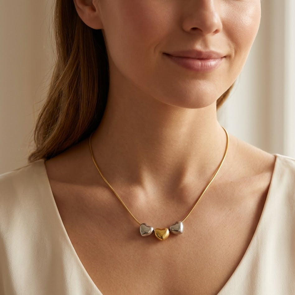 Collana Triple Hearts Bicolor In Acciaio Inossidabile