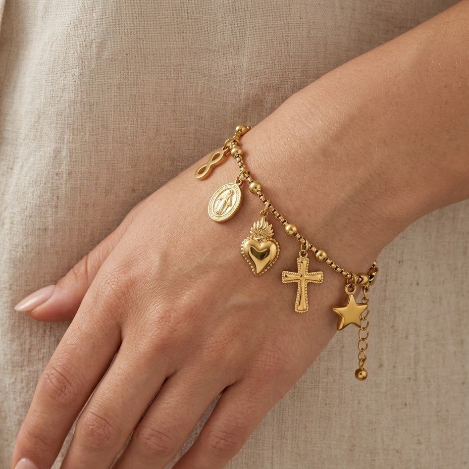 Bracciale "Spiritual Mix" con Charm e Sfere In Acciaio Inossidabile