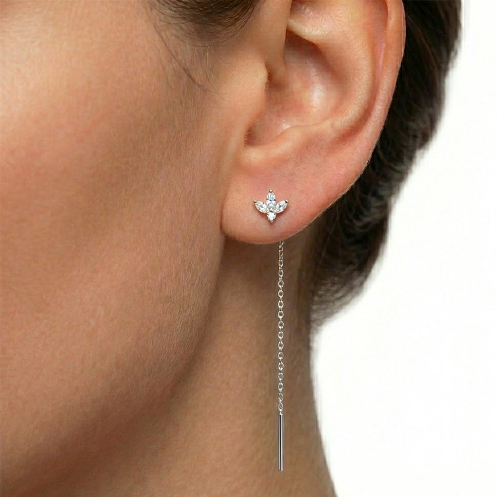 Orecchini Saliscendi Foglia Zirconata In Argento 925