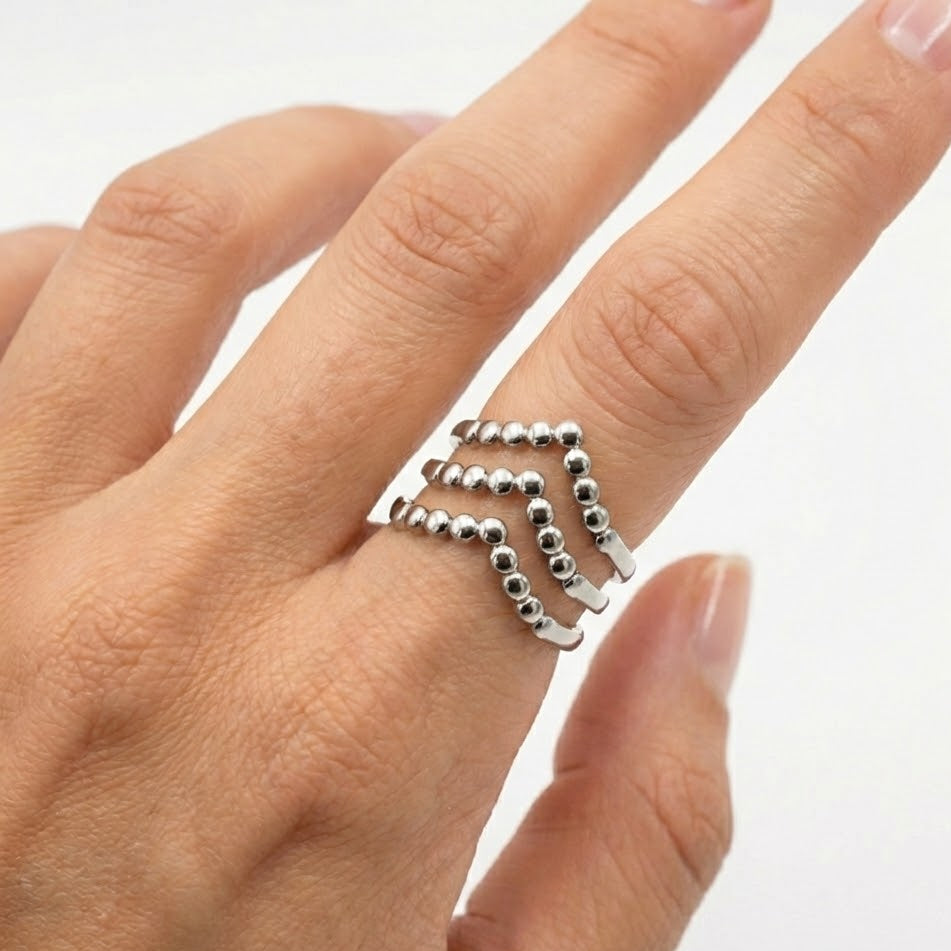 Anello Fascia Multipla Aperta con Dettaglio a Perline in Acciaio Inossidabile