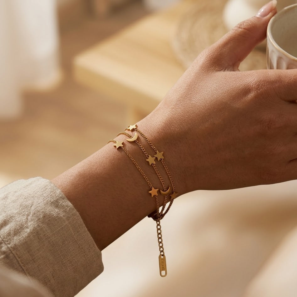 Bracciale Doppia Catena Celestial con Stelle e Lune In Acciaio Inossidabile