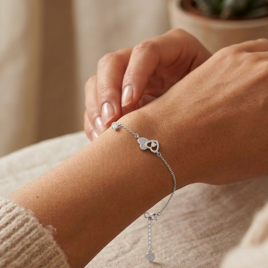 Bracciale Doppio Cuore e Punto Luce In Argento 925
