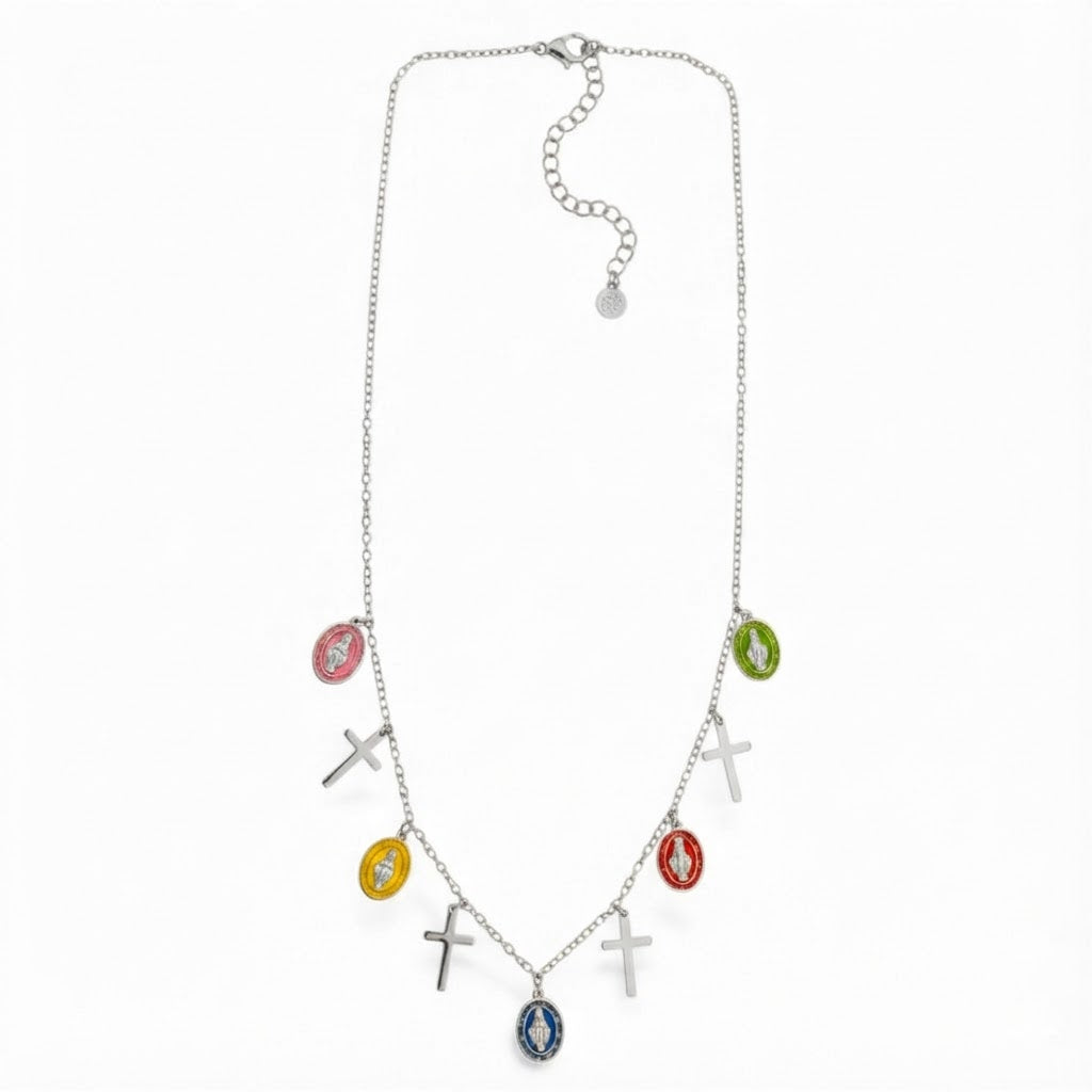Collana Lunga Rosario con Ciondoli a Croce e Medaglie in Acciaio Inossidabile