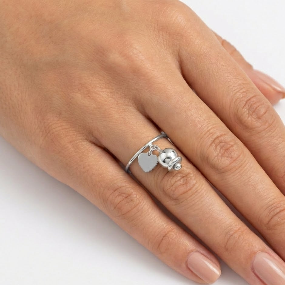 Anello Sinfonia Romantica con Cuore e Campanellino In Acciaio Inossidabile