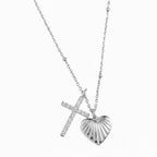 Collana Lunga con Doppio Ciondolo Sacro Cuore e Croce Zirconata In Acciaio Inossidabile
