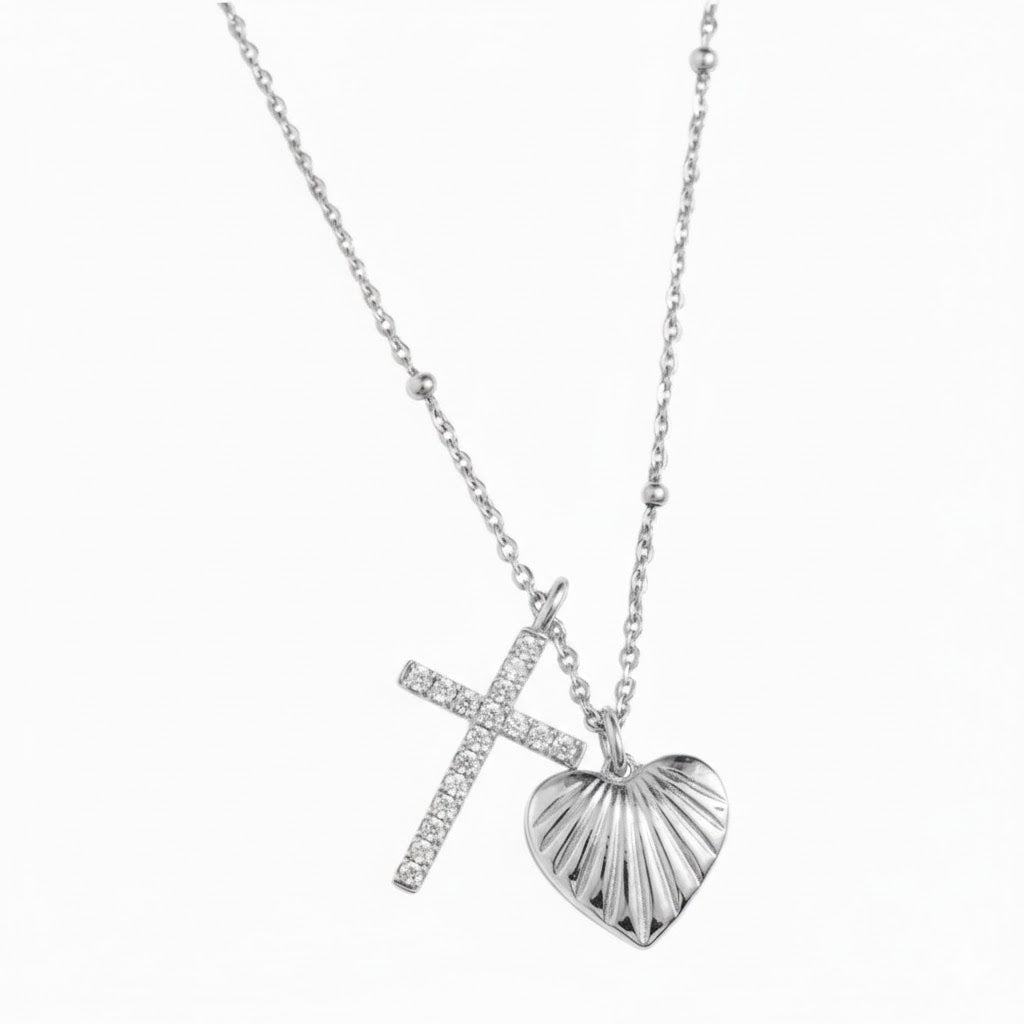 Collana Lunga con Doppio Ciondolo Sacro Cuore e Croce Zirconata in Acciaio Inossidabile