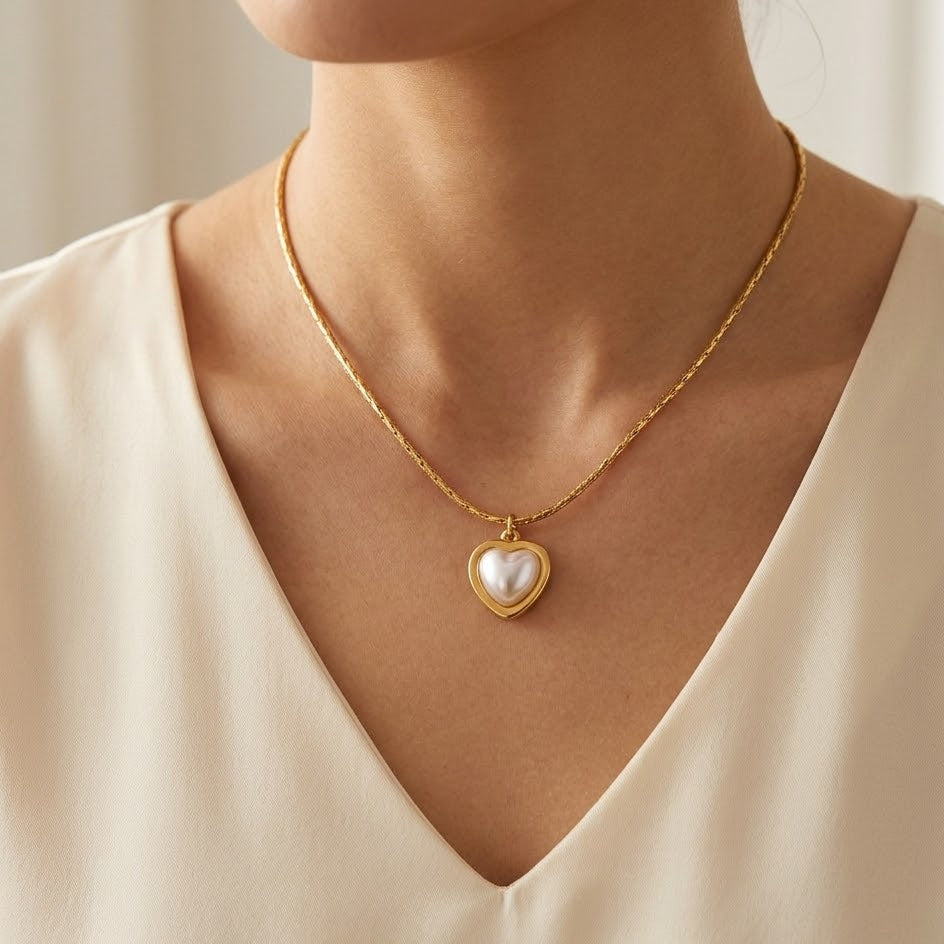 Collana Sottile con Cuore Madreperla In Acciaio Inossidabile