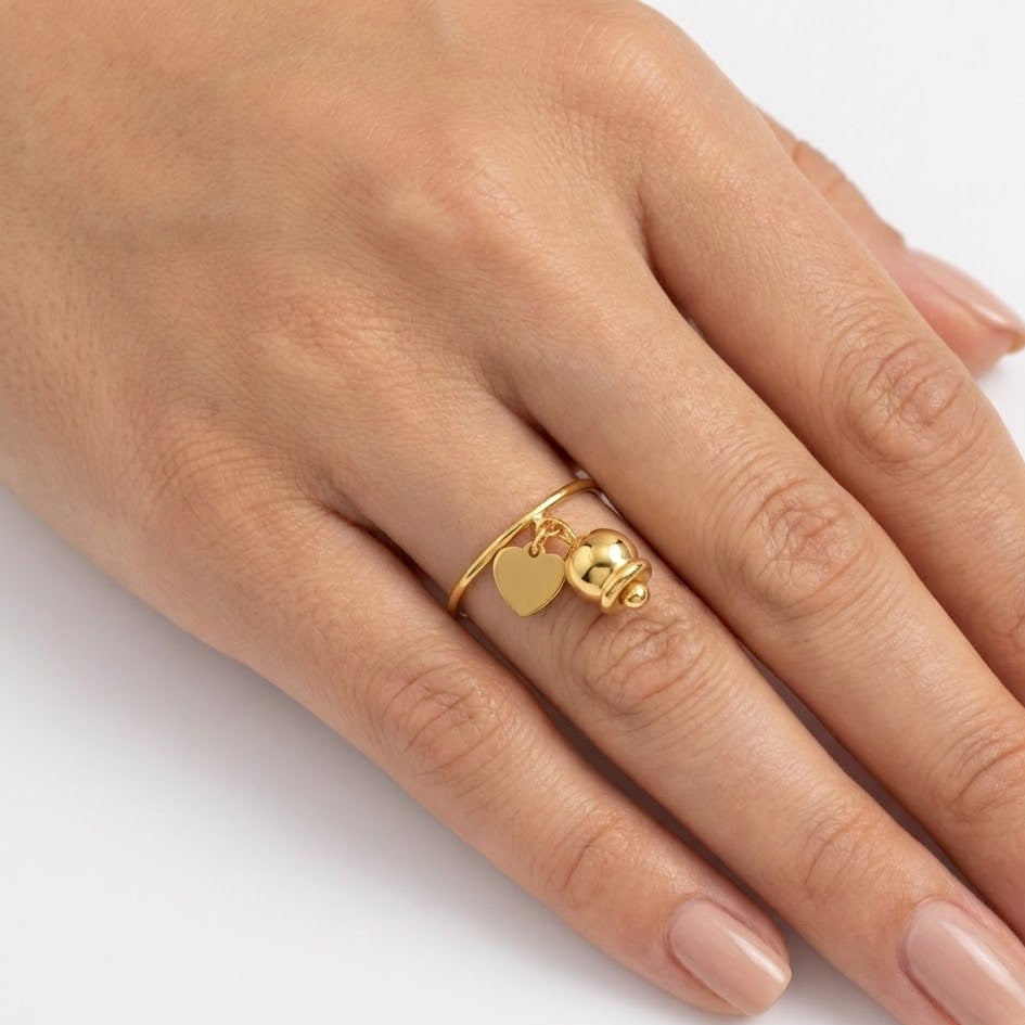 Anello Sinfonia Romantica con Cuore e Campanellino In Acciaio Inossidabile