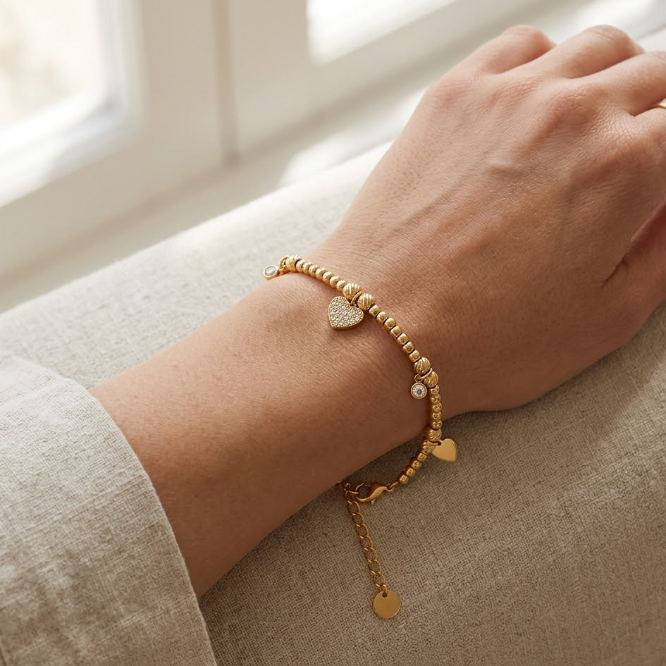 Bracciale Sfere e Multi-Charm con Cuore in Pavé In Acciaio Inossidabile
