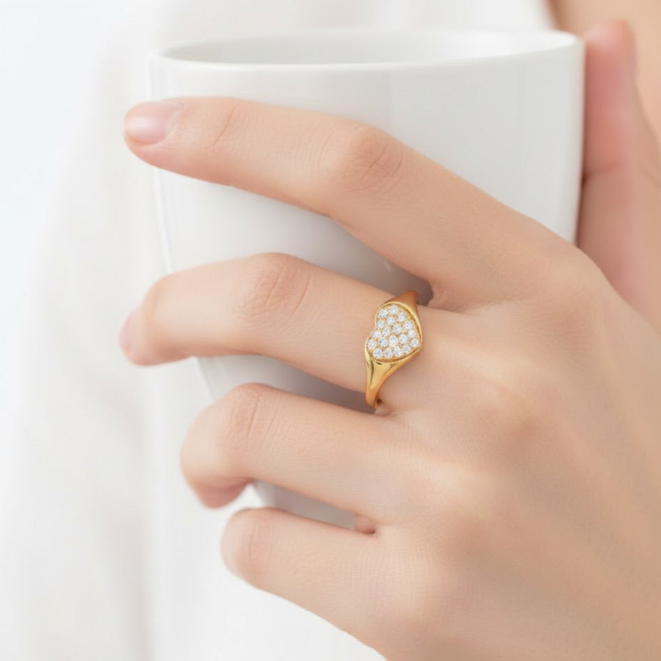 Anello con Cuore in Pavé di Zirconi In Acciaio Inossidabile