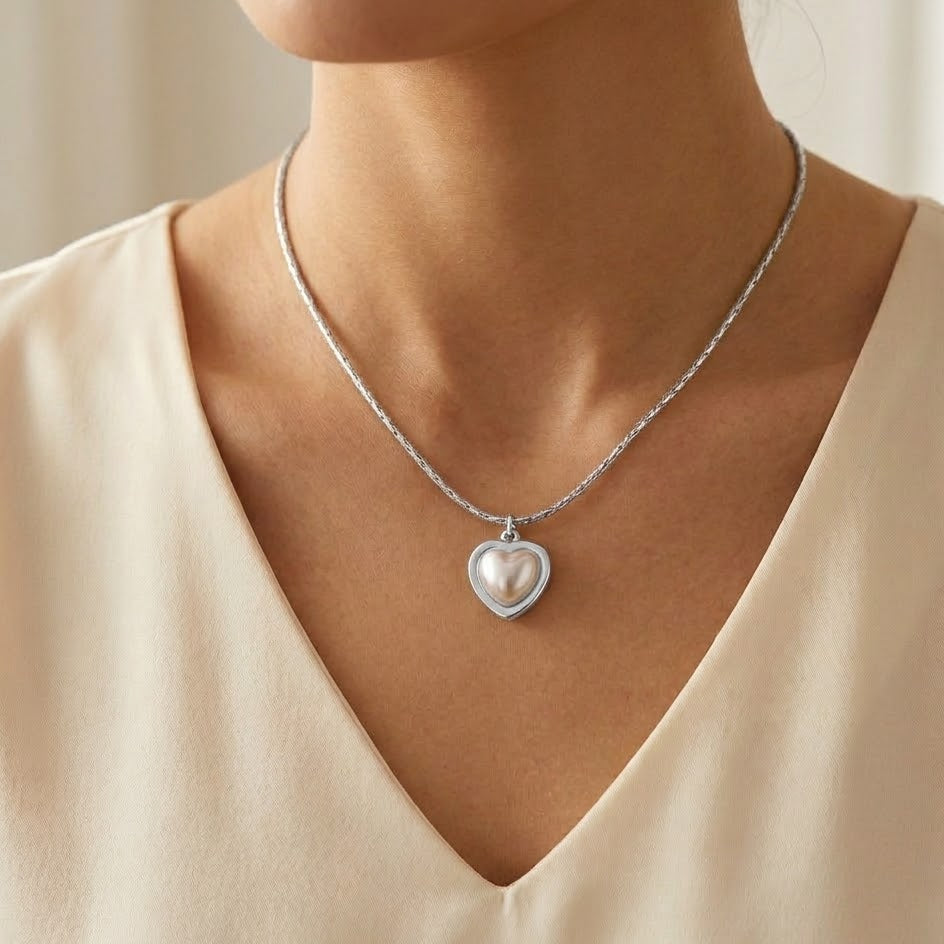 Collana Sottile con Cuore Madreperla In Acciaio Inossidabile