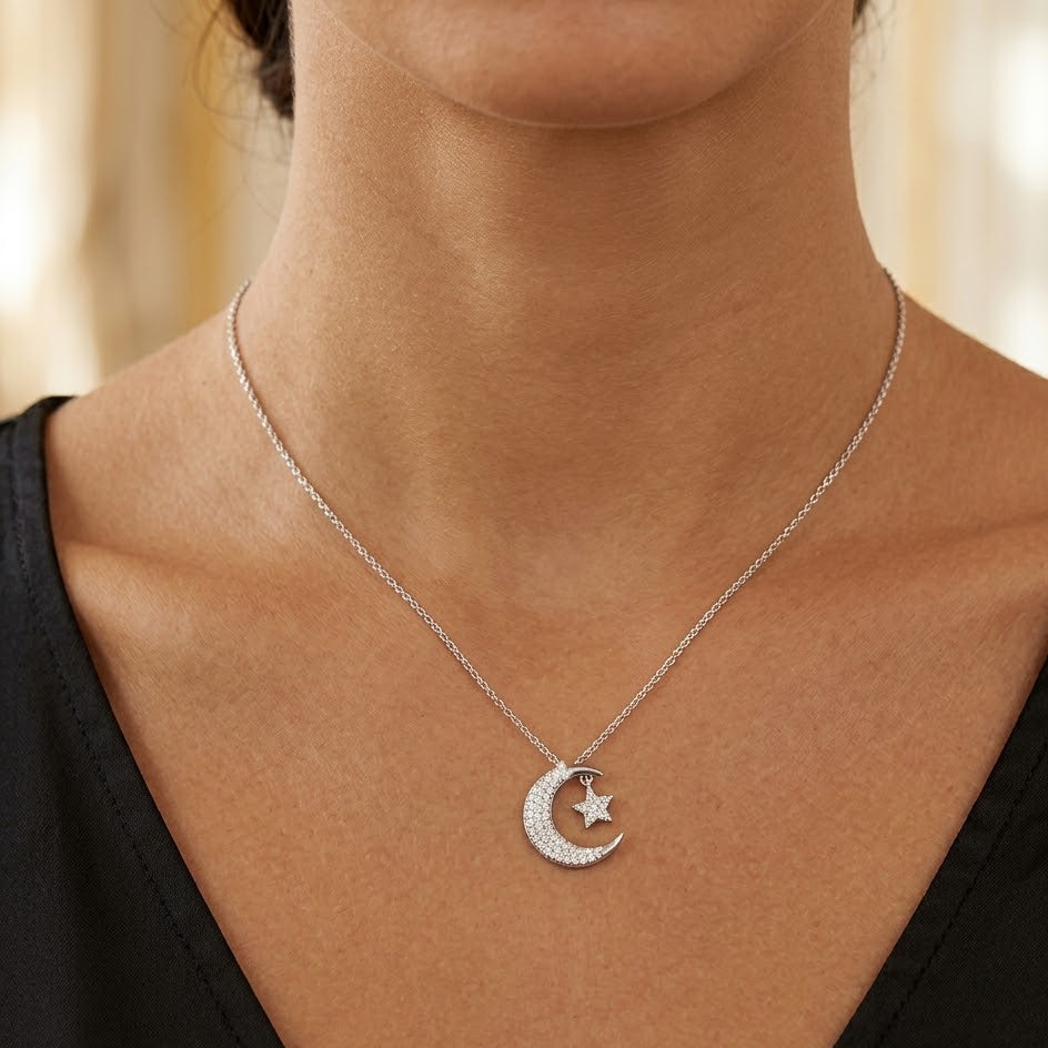 Collana Mezzaluna e Stella in Pavé in Argento 925