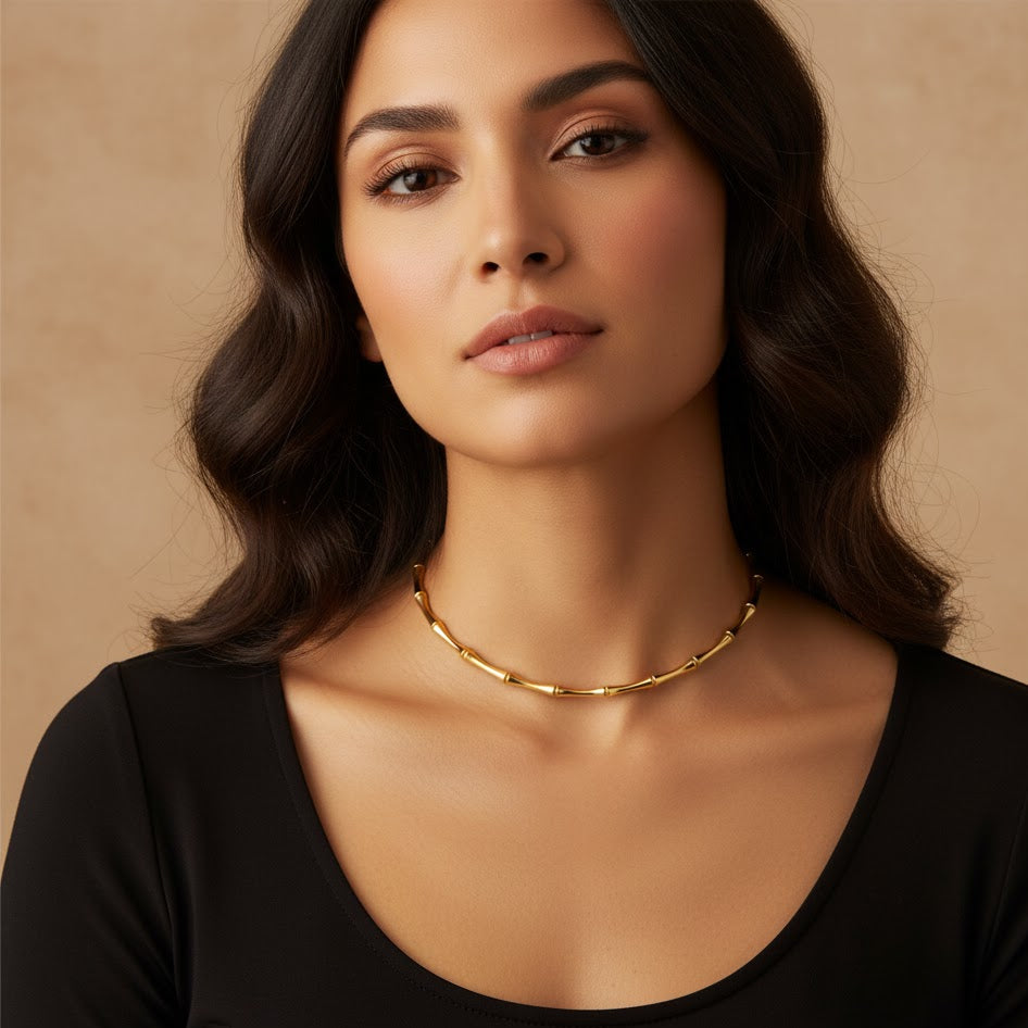 Collana Rigida Girocollo a Maglie Bamboo in Acciaio Inossidabile