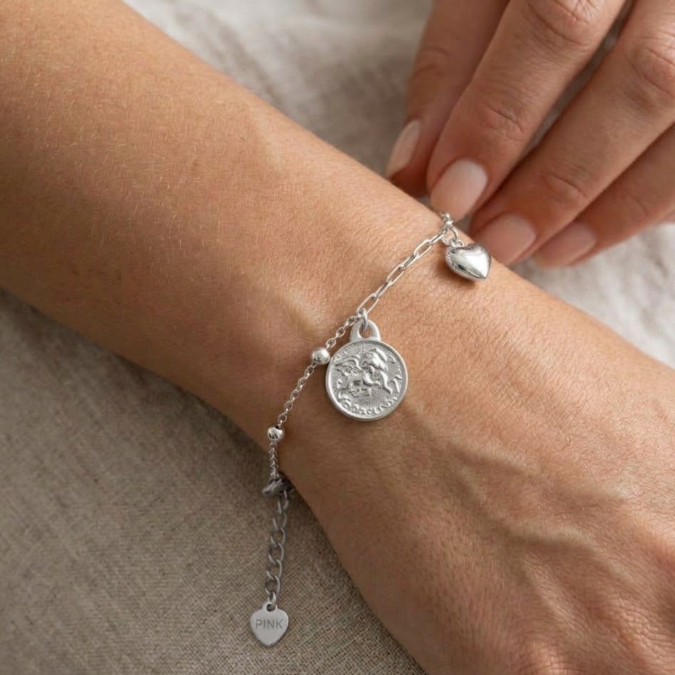 Bracciale Catena Mista con Angelo e Cuore In Argento 925