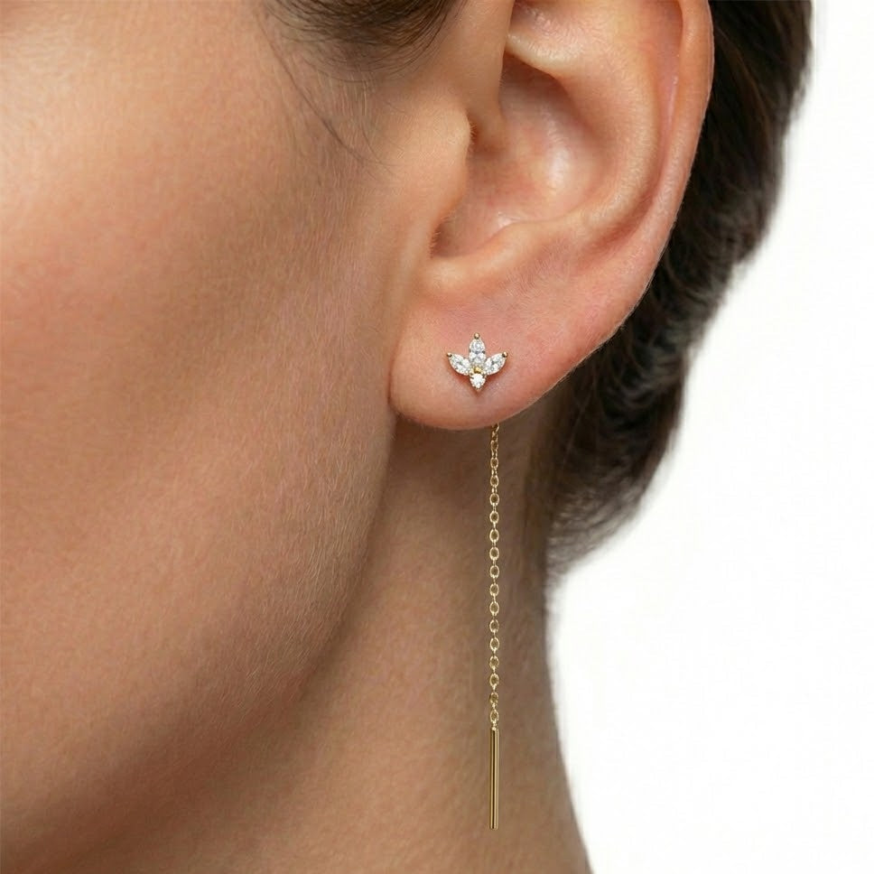 Orecchini Saliscendi Foglia Zirconata In Argento 925