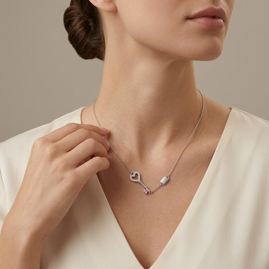 Collana Chiave del Cuore e Baguette Scintillante in Argento 925