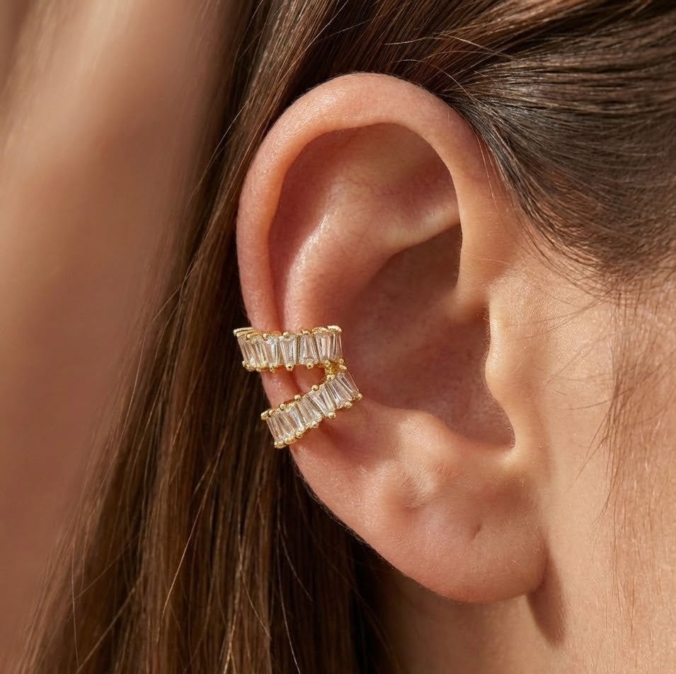 Ear Cuff Doppio Cerchio con Zirconi Taglio Trapezio In Acciaio Inossidabile