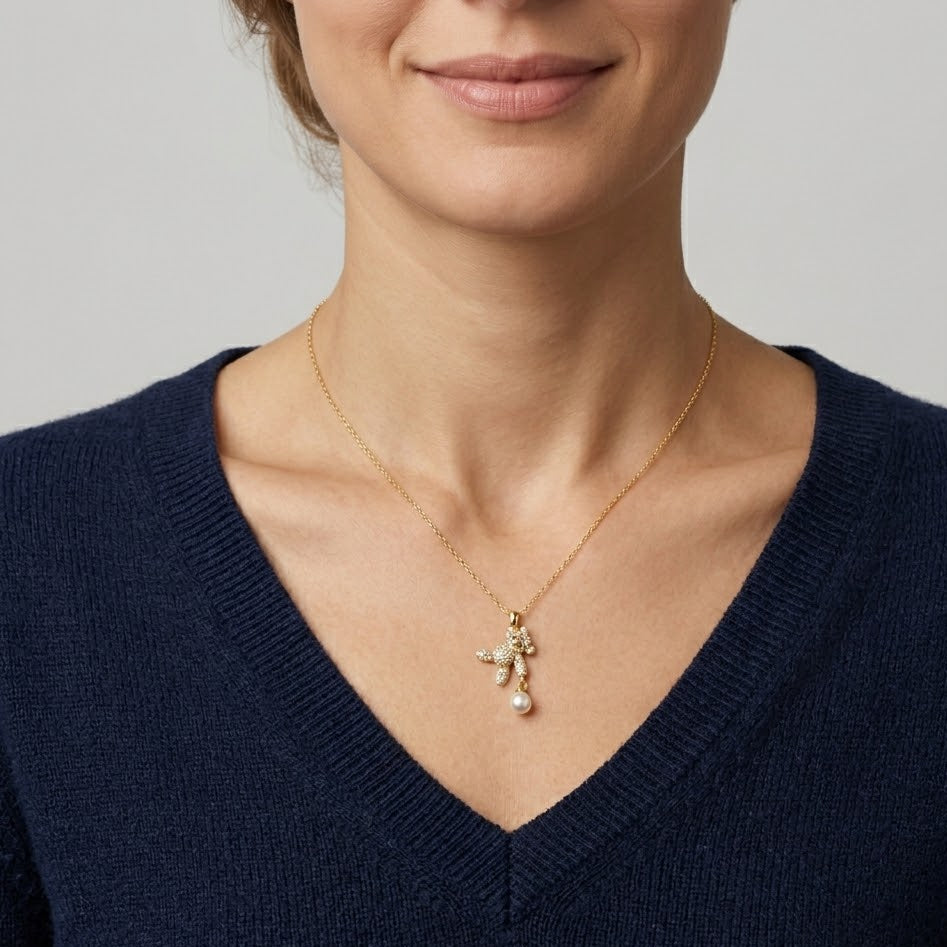Collana con Orso Pendente Zirconato e Perla In Argento 925