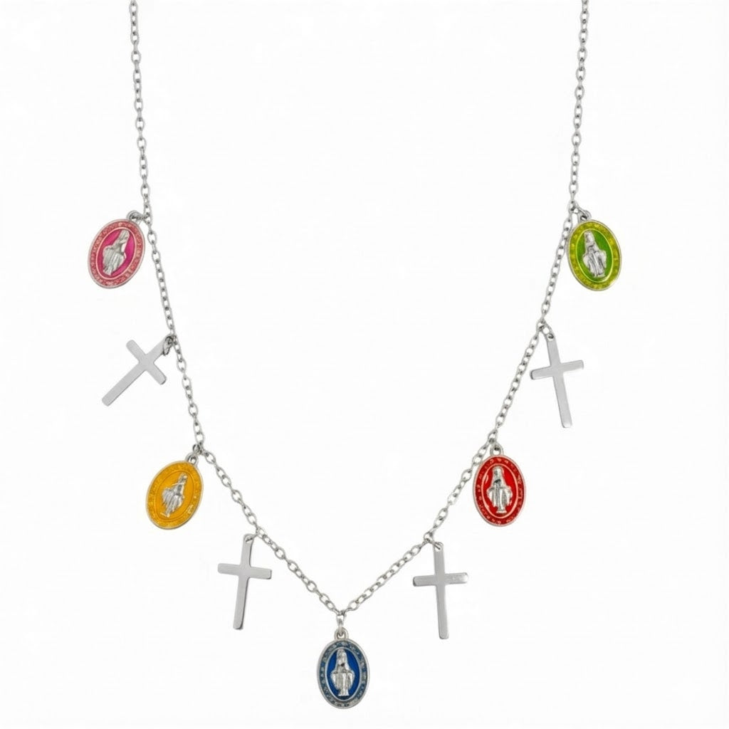 Collana Lunga Rosario con Ciondoli a Croce e Medaglie in Acciaio Inossidabile