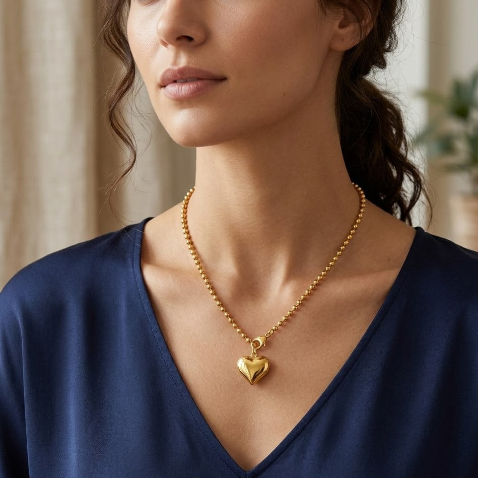 Collana a Palline con Cuore Bombato In Acciaio Inossidabile