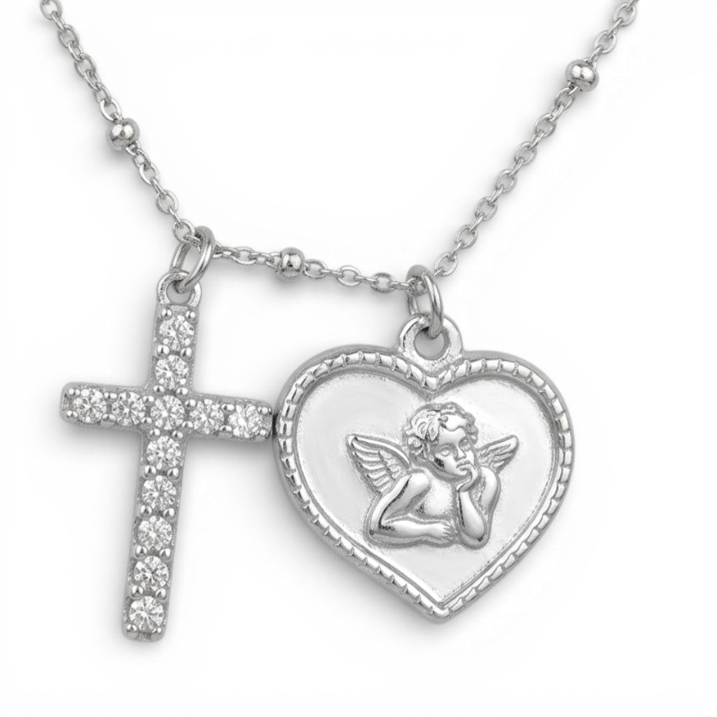Collana Devotion con Croce in Pavé e Cuore con Angioletto In Acciaio Inossidabile