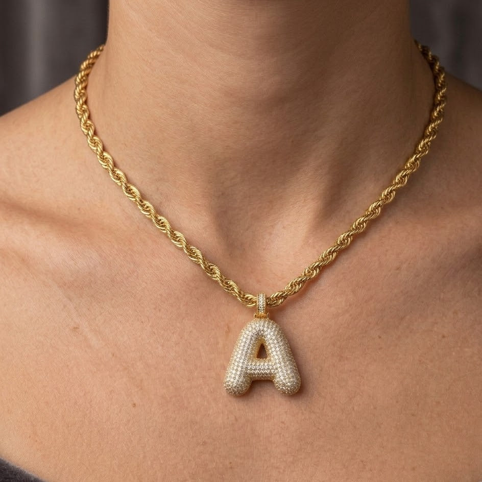 Ciondolo Lettera Bubble Bombato con Pavé di Zirconi In Ottone