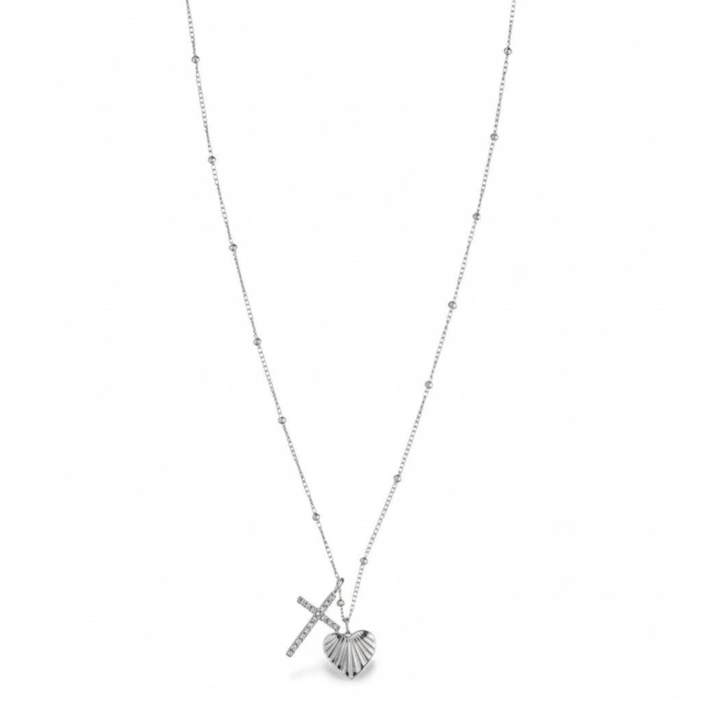 Collana Lunga con Doppio Ciondolo Sacro Cuore e Croce Zirconata In Acciaio Inossidabile