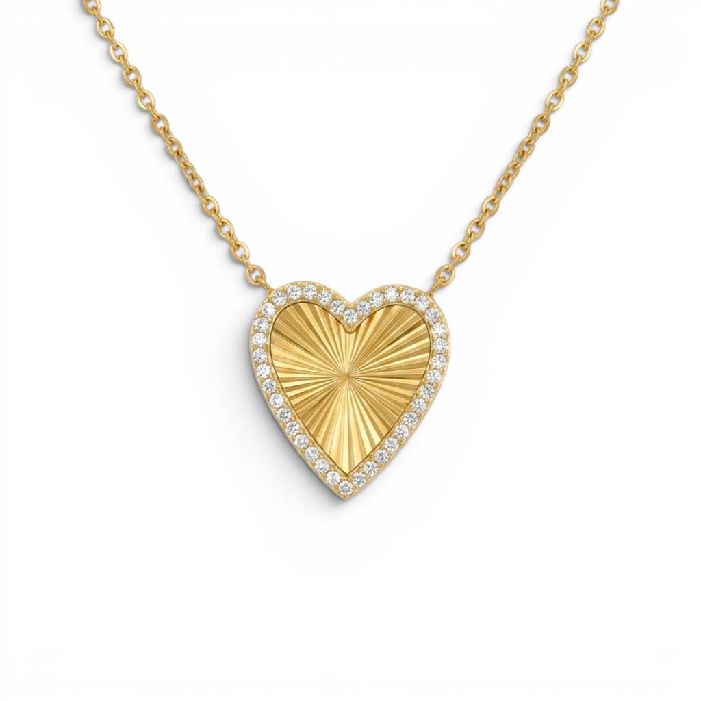 Collana con Cuore Zigrinato e Zirconi In Acciaio Inossidabile