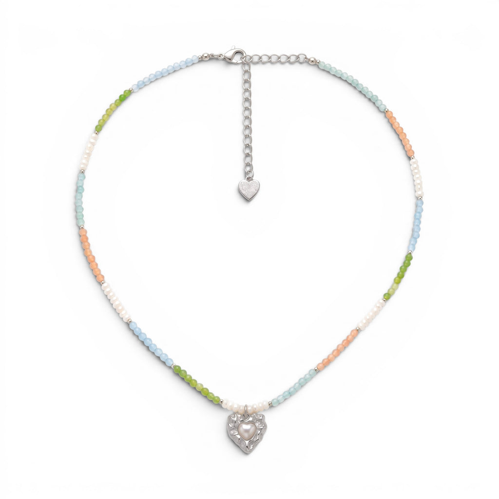 Collana Multicolor con Cuore Martellato e Perla In Acciaio Inossidabile