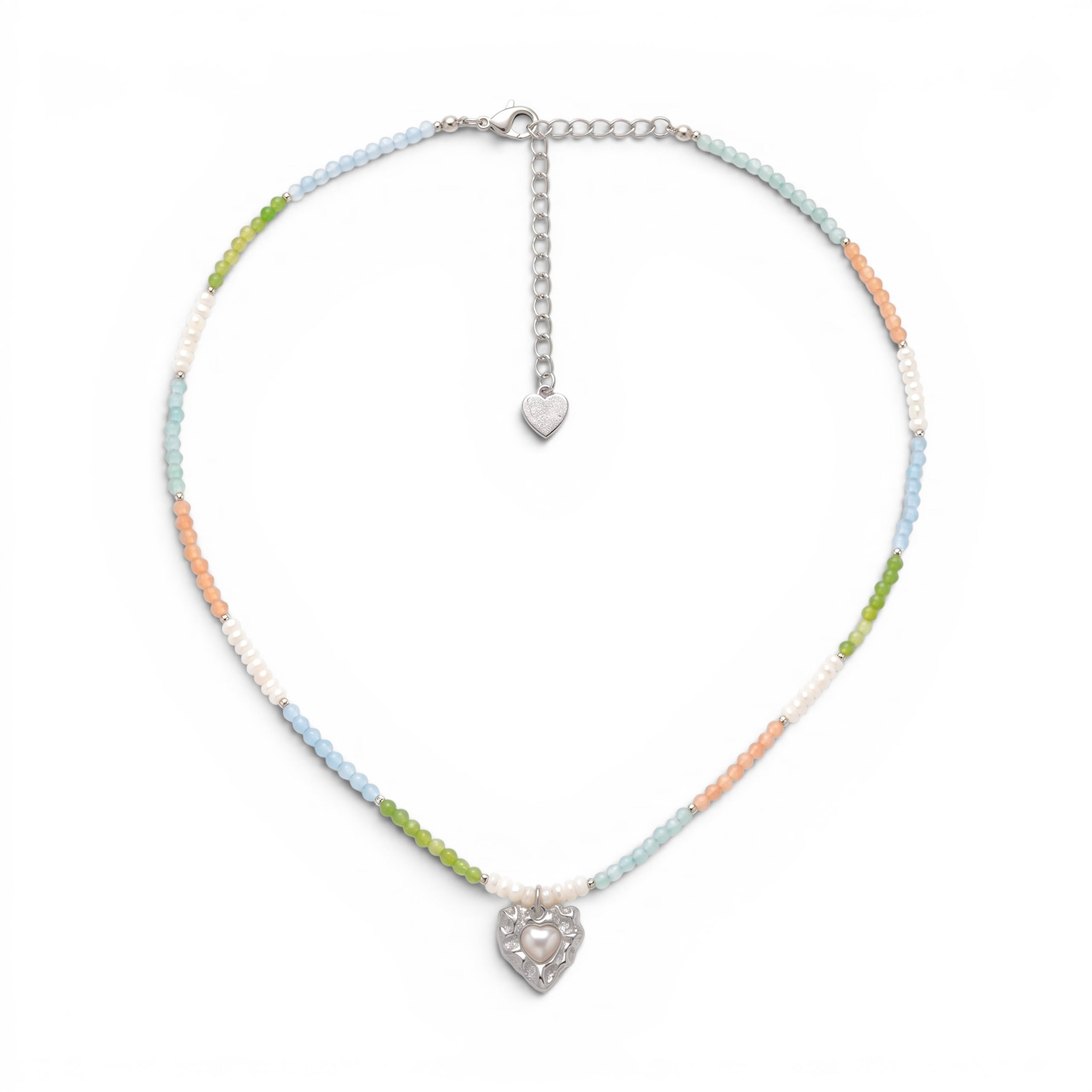 Collana Multicolor con Cuore Martellato e Perla In Acciaio Inossidabile